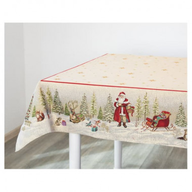 Скатерть прямоугольная Mix&Match Home Дед Мороз в волшебном лесу 140х180 см бежевый